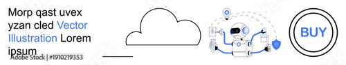 Cloud technology, AI services, data storage, cybersecurity, user experience, e-commerce. Robot with cloud, shield and buy button. Cloud technology and AI services concept
