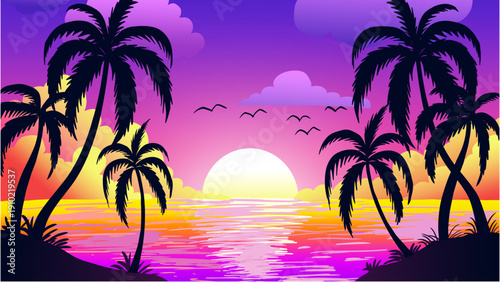 Colorful Tropical Sunset Background with Palm Trees