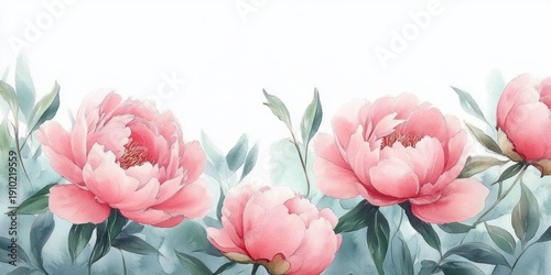 delicate watercolor pink peonies and green leaves on a soft pale background, serene and romantic blooming floral composition