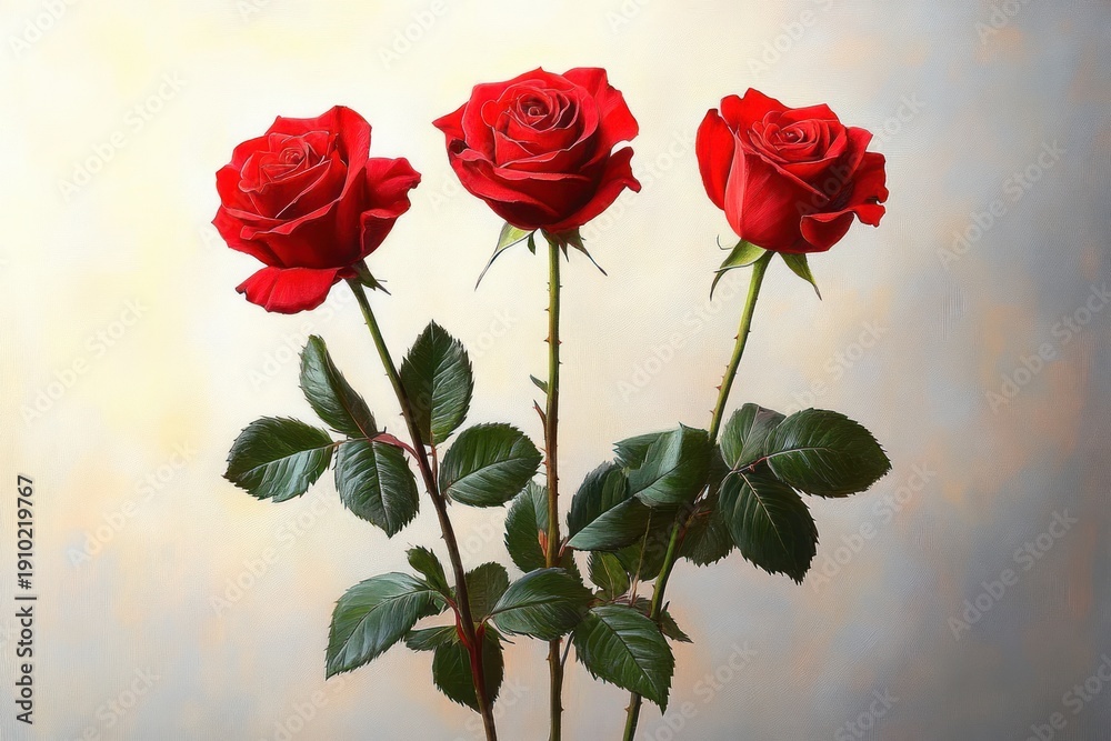Fototapeta premium Three vibrant red roses with glossy green leaves and thorny stems against a soft neutral background, evoking romantic elegance and serenity