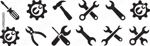 Black and white set of various tool icons on white background