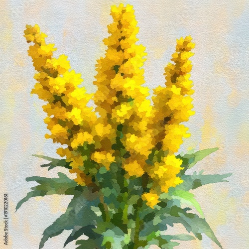 three tall bright yellow flower spikes with green leaves in soft watercolor, cheerful sunny bouquet on a pale textured background