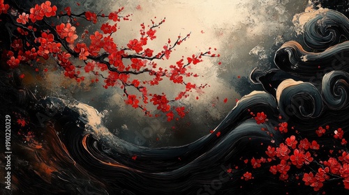 vibrant red cherry blossom branch arching over dark swirling ocean waves under a stormy sky, scattered petals and a dramatic, melancholic mood