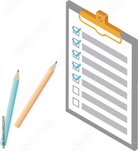 Isometric Checklist and Pencils Illustration. Business Material for Task Completion, Inspection, and Review