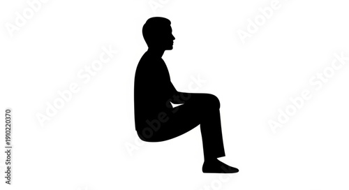 Silhouette of a man sitting in profile view isolated on white background.