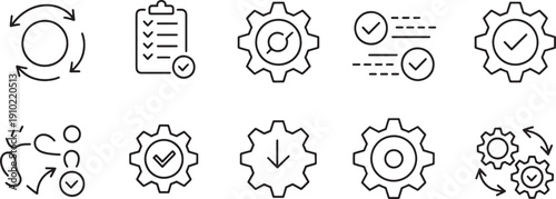 Set of black and white gear icons with check marks and arrows