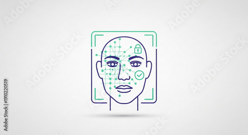 Facial recognition technology concept with human face and data points on a white background for security and identification purposes