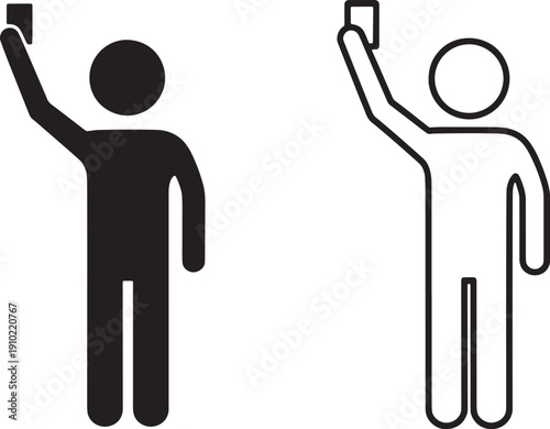 Two stick figures holding up smart phones  human icons