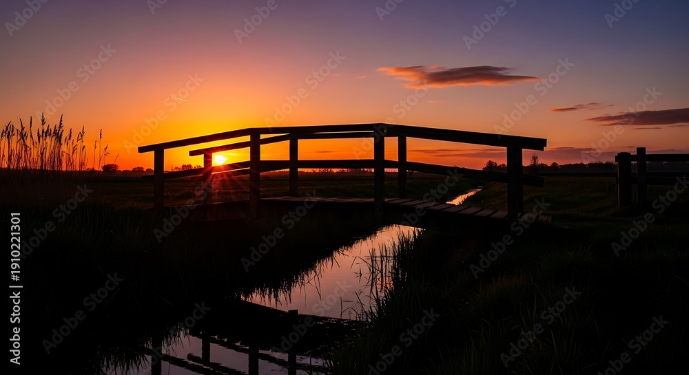 Fototapeta premium silhouette of bridge over water at sunset.