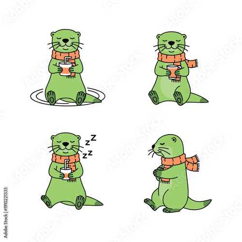 Cartoon otter in scarf performing daily activities with humor and cuteness