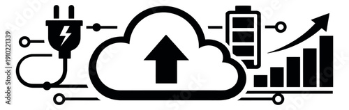 Modern icon illustration of interconnected digital concepts depicting power, cloud data, and business growth for technology solutions