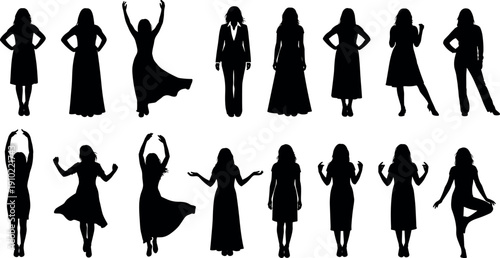 Women silhouettes collection featuring elegant female figures, dancing poses, standing and confident postures, fashion dresses, lifestyle expressions, minimal black icons isolated on white background