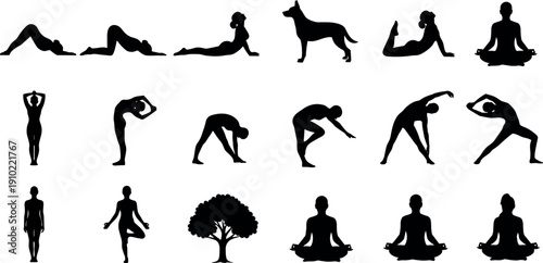 Yoga and fitness silhouettes collection with meditation, stretching, workout poses, human and dog figures, isolated on white background, wellness vector set