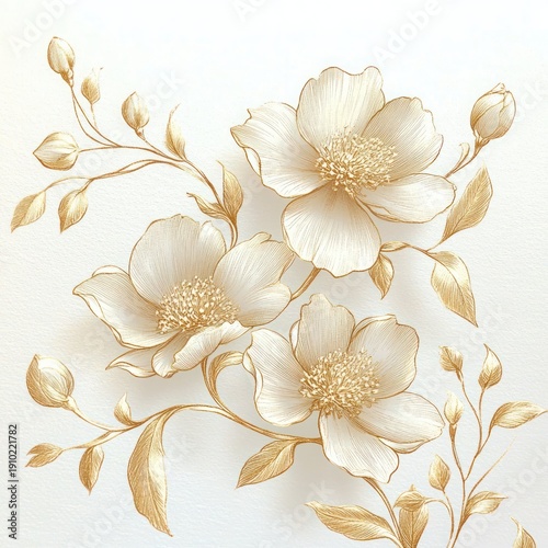 three elegant white and gold flowers with buds and delicate leaves on a soft cream background, serene and refined botanical illustration