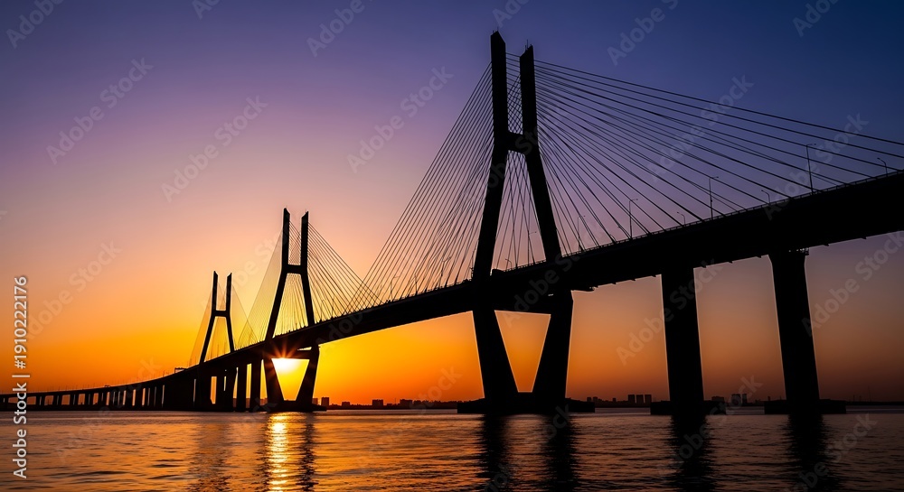 Fototapeta premium Cable-stayed bridge over water at sunset.