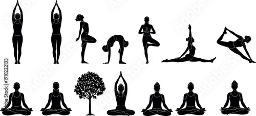 Yoga meditation silhouettes set featuring women performing balance stretching seated and relaxation poses with tree element isolated on white background for wellness design projects