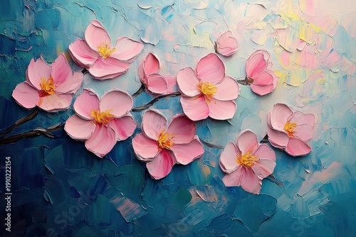 Impasto oil painting of pink blossom branch with yellow centers on a textured teal and pastel background, evoking serene, joyful springtime calm