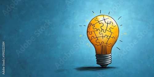 Glowing yellow light bulb made of interlocking puzzle pieces on a textured blue background, casting a shadow and radiating inspiration and playful creative problem-solving