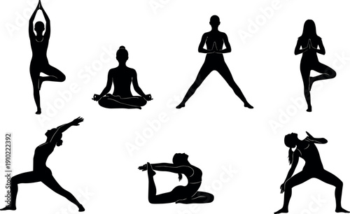 Yoga pose silhouettes collection featuring diverse asanas, meditation and stretching positions, black female fitness figures isolated on white background for wellness, and 