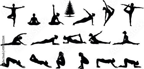 Yoga pose silhouettes collection featuring meditation stretching balance fitness exercises for wellness mindfulness sport vector illustration