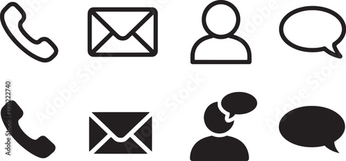 Black and white communication icons for phone email and people on white background