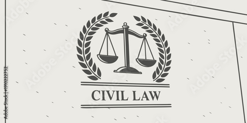 Minimal black icon of scales of justice with civil law text. Legal concept representing fairness and court authority.