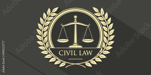 Golden civil law icon featuring scales of justice and text. Legal concept symbolizing fairness, equality, and judicial authority.