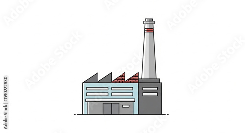 Industrial Factory Building with Tall Chimney and Smoke Stacks.