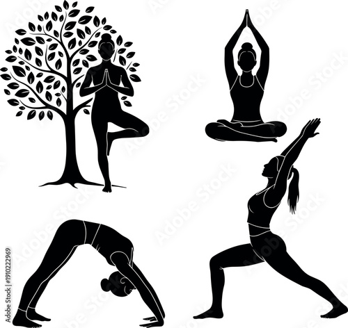 Yoga Pose Silhouettes Collection with Female Meditation Tree Warrior and Stretching Asanas Inspired by Nature and Mindfulness Isolated on White Background