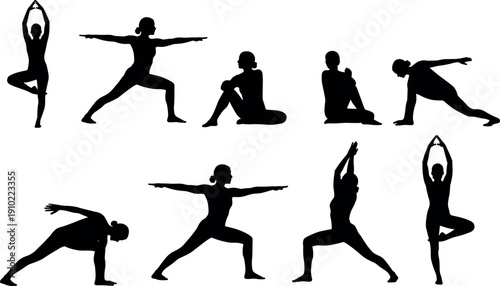 Yoga poses silhouettes collection featuring standing seated balance and stretching postures in black flat style isolated on white background for fitness wellness and stock illustration use