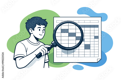 Young man examining a grid with a magnifying glass.