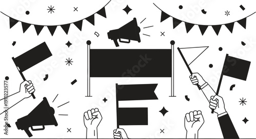 Hands holding protest signs and megaphones in celebration