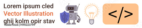 Artificial intelligence, cybersecurity, innovation, coding, data security, programming. Robot holding shield, lightbulb icon coding symbols. Cybersecurity and innovation