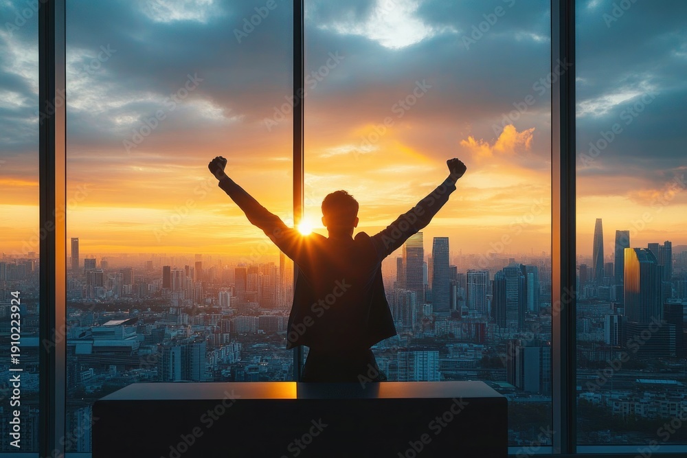 Fototapeta premium silhouette of person with raised arms in office by floor-to-ceiling window overlooking city skyline at sunrise, triumphant and hopeful mood