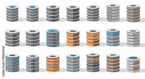 This modern vector illustration showcases a structured arrangement of colorful database storage cylinders representing scalable cloud storage, structured data systems, and enterprise-level information