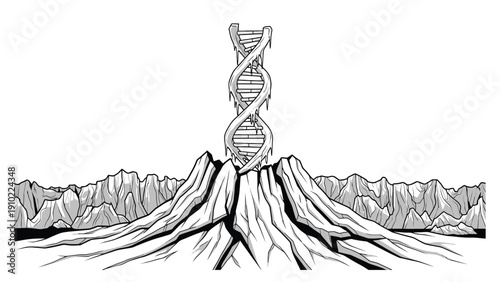 DNA double helix rising from a cracked mountain landscape for genetic research evolution and innovative biotechnology science branding.