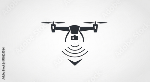 Black drone icon with camera and signal waves on white background for tech and innovation concepts