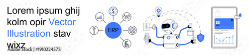 Business management, process automation, ERP software, robotics, workflow optimization, data analytics. Circular ERP icons, a robot and a digital interface. Business management and automation