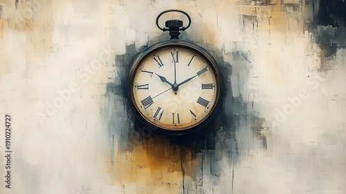 aged pocket watch with roman numerals and ornate hands on an abstract textured paint background, evoking nostalgia and timeless contemplation