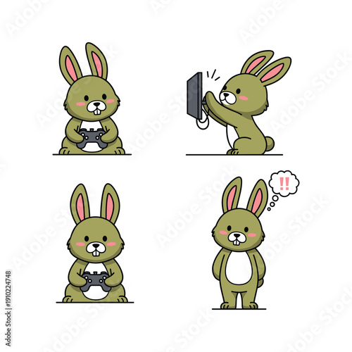 Cartoon bunny using smartphone with surprised expression in various poses