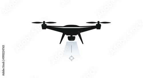 Black drone with four rotors and camera flying in air with white background