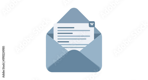 Open Mail Envelope with Document Inside, Email and Communication Concept, Isolated White Background.