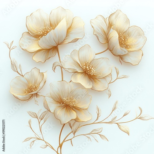 six delicate gold-outlined blossoms with slender stems, stamens and leaves on a pale background, elegant and serene floral arrangement