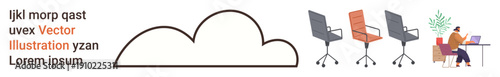 Technology integration, remote work, workspace design, cloud storage, office productivity, team collaboration. Cloud drawing, office chairs and a person working on a laptop. Remote work and cloud