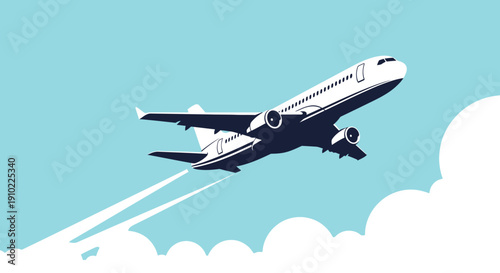 An airplane flying high above the clouds in a clear blue sky, viewed from below with contrails trailing behind