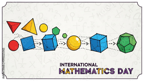 High-quality black outline colorful art of 2D shapes transforming into 3D geometric solids for International Mathematics Day