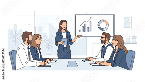 Businesswoman presenting financial data to colleagues in a meeting.