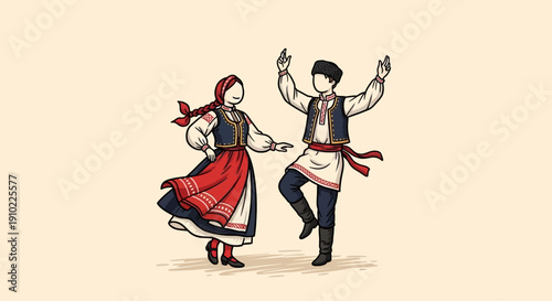 Traditional folk dance couple performing lively steps together in cultural attire, illustration