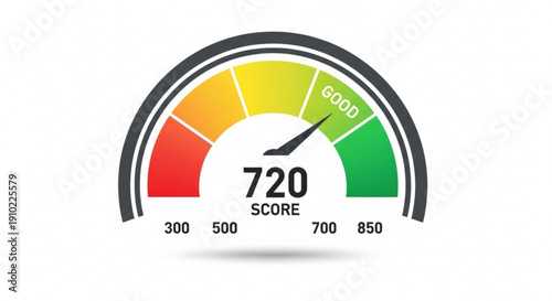 Score meter gauge with colorful gradient scale showing 720 score on white background performance indicator