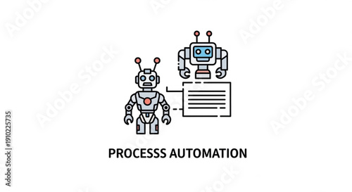 Robot process automation illustration featuring two robots with document transfer for business efficiency and technological advancement